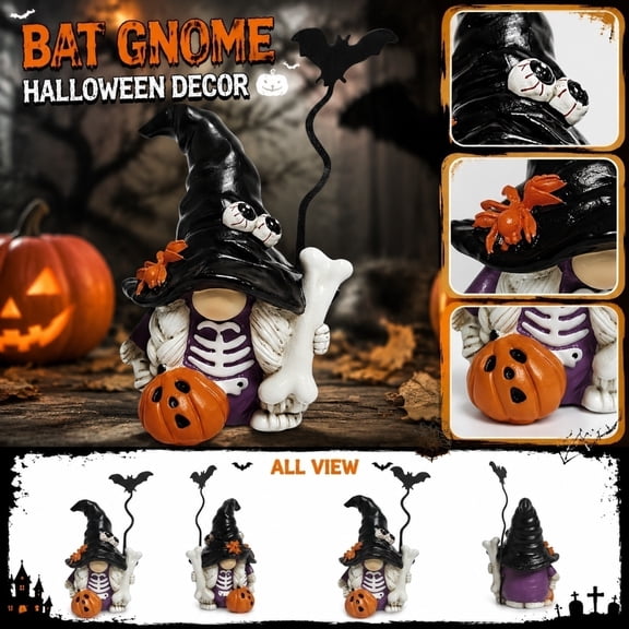 Witch Halloween Decor, Black Skeleton with Jack O' Lantern and Bat Accent, Halloween Indoor Decor for Counter Shelf Entryway Display, Halloween Pumpkin Decor Mixed Spooky Home