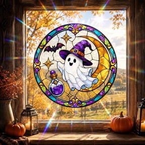 Witch Halloween Decor, Halloween Ghost Potion Bottle Window Cling, Stained Glass Sun Catcher Halloween Window Sticker, 12 Inch Moon Witch Hat Bat Halloween Decor, Electrostatic