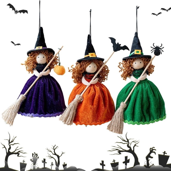 Witch Halloween Decorations 8 Inch Cute Hanging Witch Doll Halloween Decor for Indoor Outdoor Home Party Green, 1 Pack