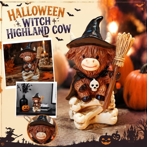Witch Halloween Decorations, Mini Highland Cow Figurine 4 Inch Resin Fall Halloween Decor, Spooky Cute Indoor Home Decor for Shelf Desk Party, 1 Pack