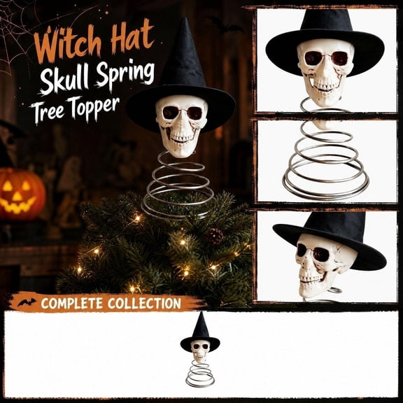 Witch Halloween Decorations, Spooky Halloween Decor, 14 in Resin Skull, Halloween Tree Topper, Silver Coil, Haunted House Accent, Black Cone, Seasonal Display, 1 Pc