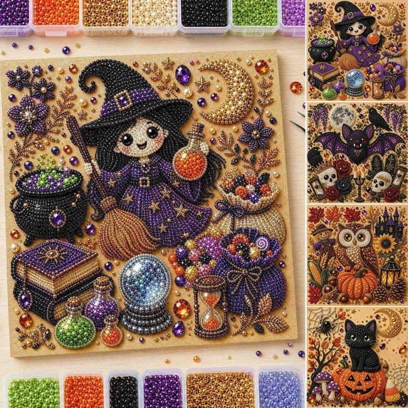 Witch Halloween Diamond Art Pearl Art DIY Kit, Cute Witch 3D Diamond Paints Crafts for Adults, DIY Fall Halloween Home Decor for Wall, Pearl Painting Crafts for Adults