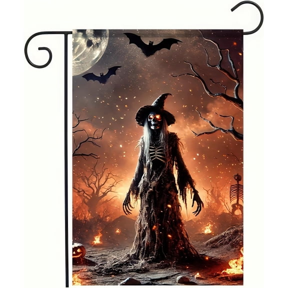 Witch Halloween Garden Flag 12x18 Double-Sided Spooky Bats Scary Skeleton Witch Garden Flag Outdoor Lawn Fall Decoration Banner Holiday Seasonal Yard Flag