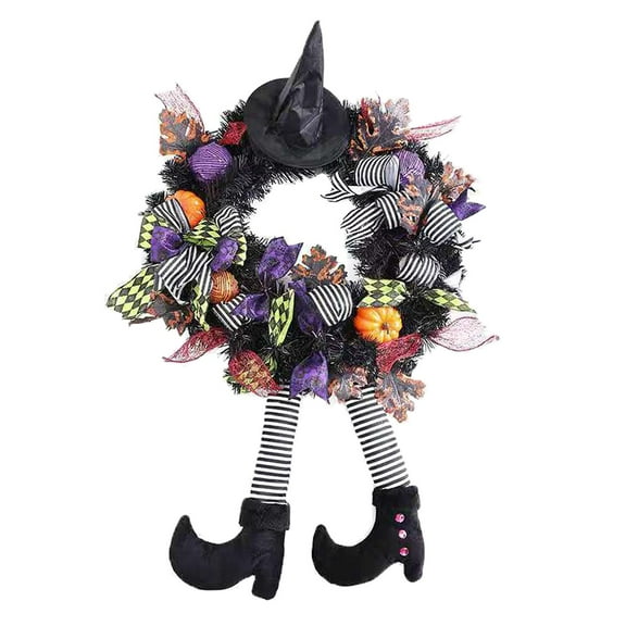 Witch Halloween Wreath with Hat Legs Happy Halloween Wreath for Halloween Decorations, Ornaments for Decorations