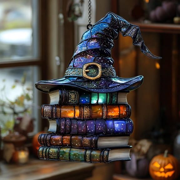 Witch Hat Acrylic Suncatcher Magic Books Faux Stained Glass Window Hanging Halloween Wizard Decor Gift Book Lovers Gift