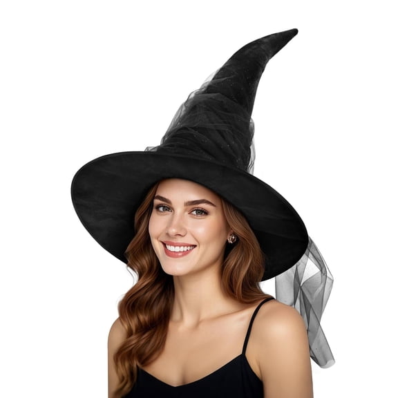 Witch Hat Adult Halloween Costume Accessories with Sparkling Tulle (1)