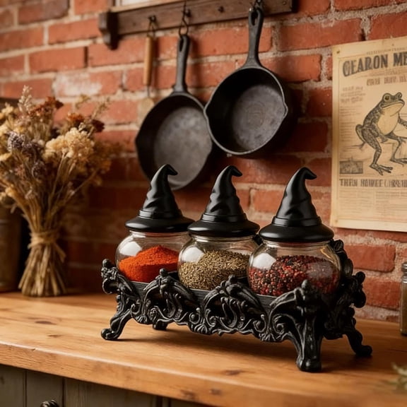 Witch Hat Apothecary Spice Jar Set 3-Piece Glass Jar with Resin Witch Hat Lids & Gothic Rack, Kitchen Decor for Spices, Herbs & Dry Goods, 7.87" x 3.94" x 3.15"
