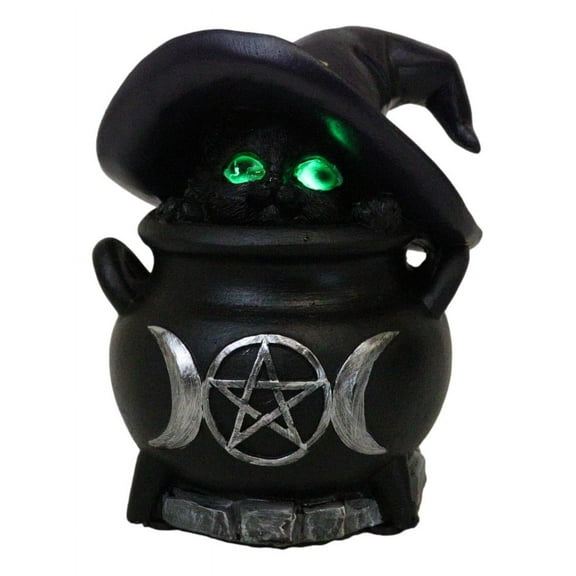 Witch Hat Feline Black Cat Hiding in Triple Moon Cauldron With LED Eyes Figurine