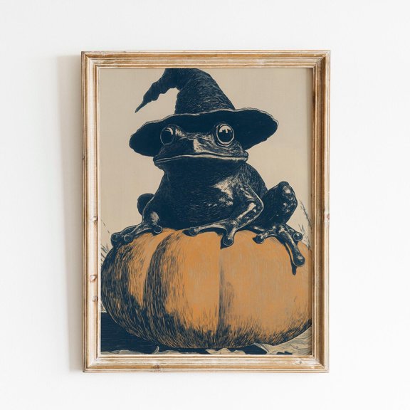Witch Hat Frog Pumpkin Wall Art Decor Unframed Paper Print