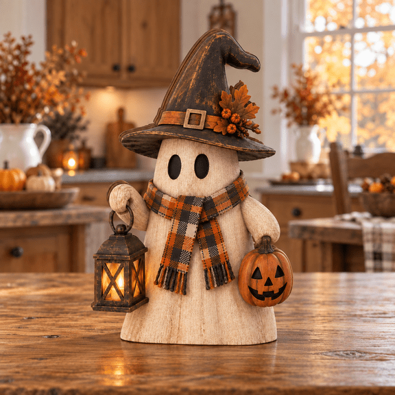 Witch Hat Ghost Pumpkin Lantern Wooden Block 3 Layer for Halloween Tabletop Decor