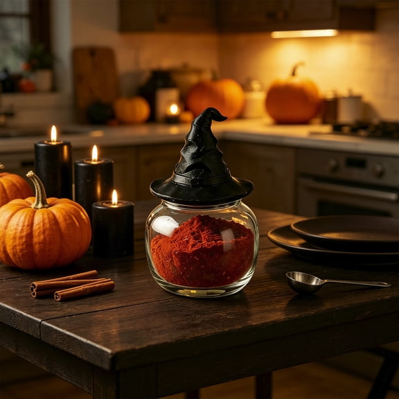 Witch Hat Glass Spice Jar 4.1 Inch, Halloween Seasoning Shaker with Airtight Lid, Kitchen Decor Storage Bottle for Salt Pepper, Party Gift