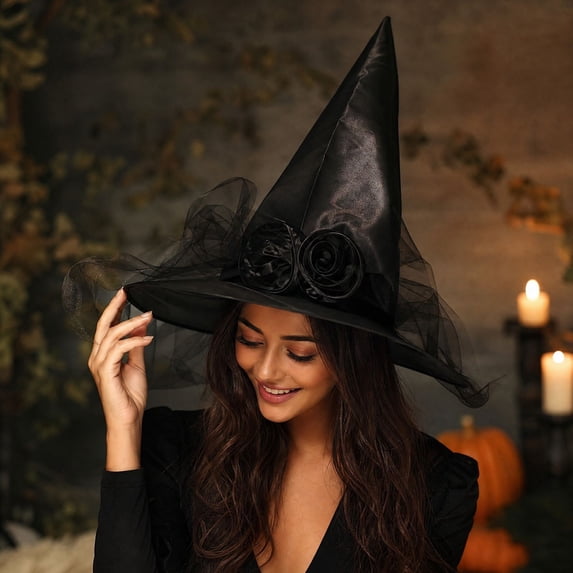 Witch Hat Halloween Decorations 15 Inch Foldable Rose Mesh Wizard Hat for Halloween Party Carnival Masquerade Holiday Dress Up