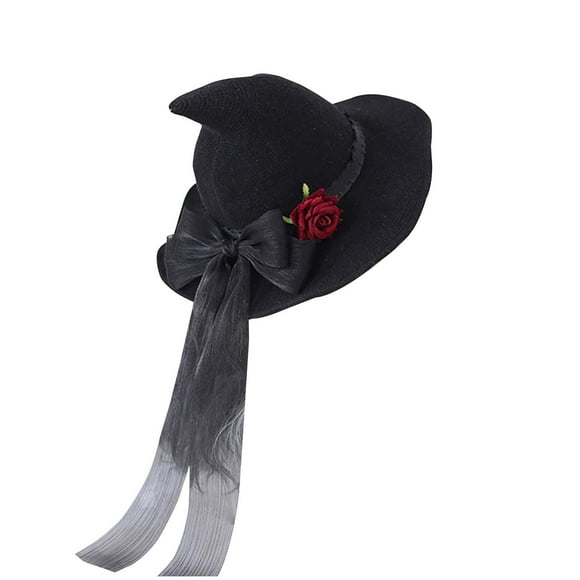 Witch Hat Halloween Witches Hat Cotton Black Witch Hats For Women Adult Wizard Large Mesh Hat Halloween Rose Flower Big Bow Black