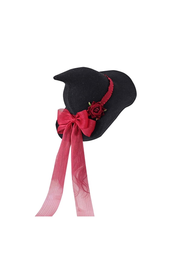 Witch Hat Halloween Witches Hat Cotton Black Witch Hats For Women Adult Wizard Large Mesh Hat Halloween Rose Flower Big Bow Red