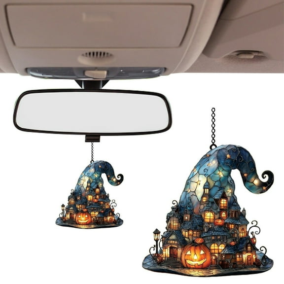 Witch Hat Hanging Halloween Decorations,2D Acrylic Witch Hat Stained Glass Window Hanging Sun Catcher Decor,Halloween Wall Art Ornament,Hot Pink