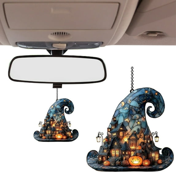 Witch Hat Hanging Halloween Decorations,2D Acrylic Witch Hat Stained Glass Window Hanging Sun Catcher Decor,Halloween Wall Art Ornament,Purple