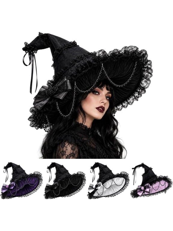 Witch Hat Hkoxplj Halloween Pointed Witch Hat Gothic Ruffled Lace Trim Wide Brim Hat Cap for Women Cosplay Party Masquerade Stage Performance Photo Prop Costume Hat Cap with Satin Bow 3D Rose
