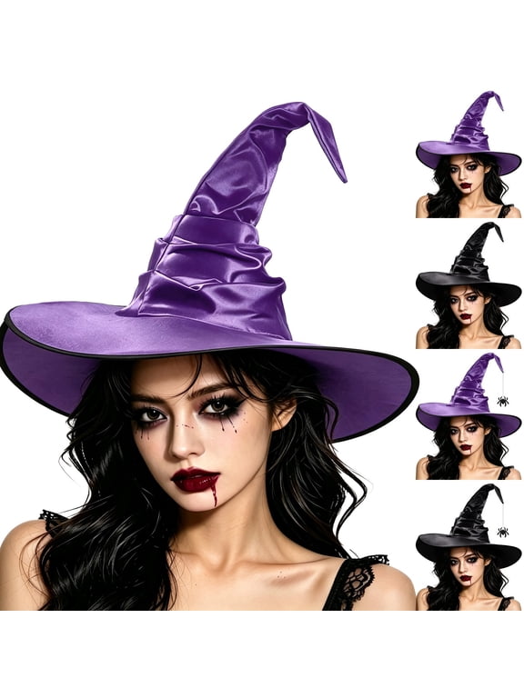 Witch Hat Hkoxplj Women Ruffled Bat Satin Witch Hat Oversized Wide Brim Halloween Costume Hat Elegant Gothic Cosplay Dress Up Hat Lightweight Festival Accessory for Halloween Masquerade Hat