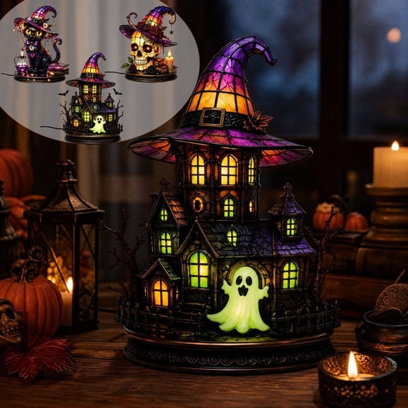 Witch Hat House LED Tabletop Night Light 11.81IN Gothic Halloween Lighting Decor Stained Glass Magical Figurine Lamp for Bedroom Table Indoor Halloween Home Decor