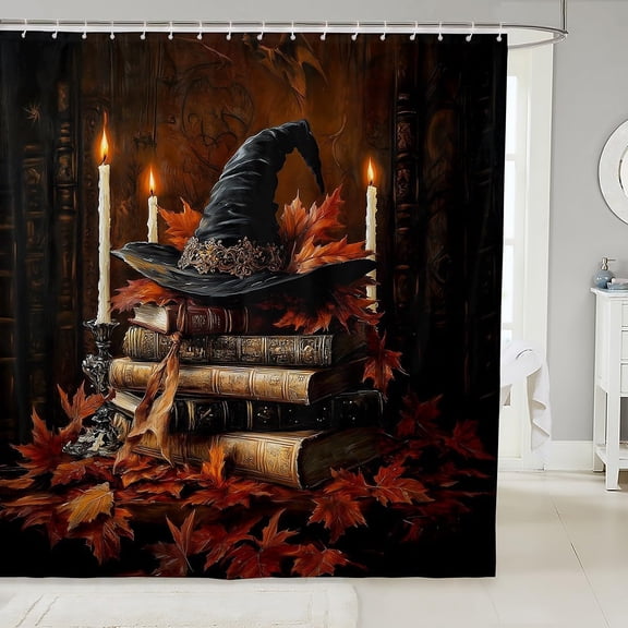 Witch Hat Kids Shower Curtains,Maple Leaf Autumn Happy Halloween Fall Bathroom Curtain for Girls Boys,Book Magical Trippy Gothic Orange Retro Waterproof Curtains,12 Hooks Suits,72" W x 84" L