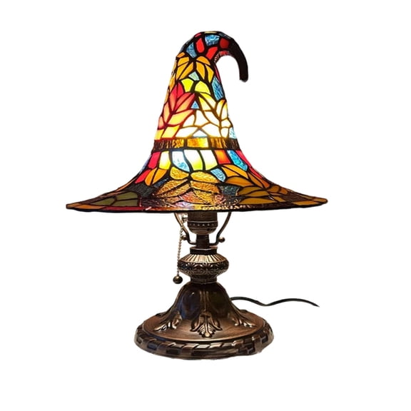 Witch Hat Lamp 6.7 in, Stained Glass Table Lamp, Handmade Bedside Table LED Night Light, Wizard Hat Ornament Light， Christmas Bedroom Halloween Decor