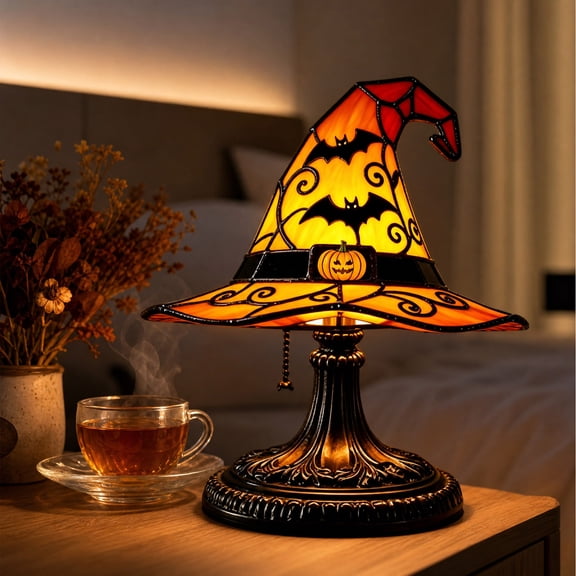 Witch Hat Lamp,7.08in Stained Glass Resin Wizard Hat Light Gothic Table Lamp Spooky Decorative Standing Lights Haunted Wiccan Gifts Mystical Decor Home Decorations for Halloween