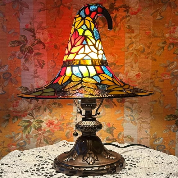 Witch Hat Lamp, Autumn Witch Lamp, Witchs Hat Lamps Stained Glass, WitchLamp, Stained Glass Witchs Hat Lamps, for Bedroom Party of Holiday Decoration (F, Small)