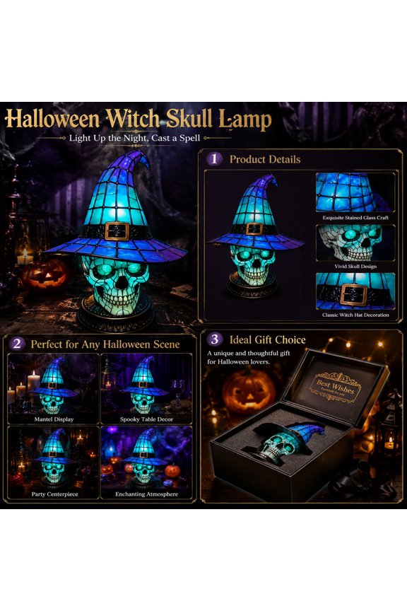 Witch Hat Lamp, Illuminates with Glowing Skull Base, Resin Table Light, Stained Glass Witch Hat and Sturdy Cracked Skull Design for Nightstand Display, Bookshelf Accent, and Halloween Party Scene.