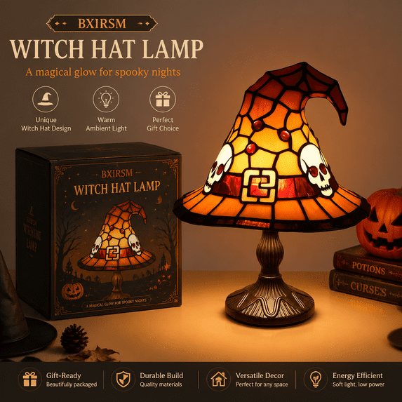 Witch Hat Lamp with Stained Glass Effect, Halloween Decor Indoor LED Night Light, Gothic Wizard Hat Table Lamp for Shelf Mantel, Witchcore Room Decor & Fantasy Gift