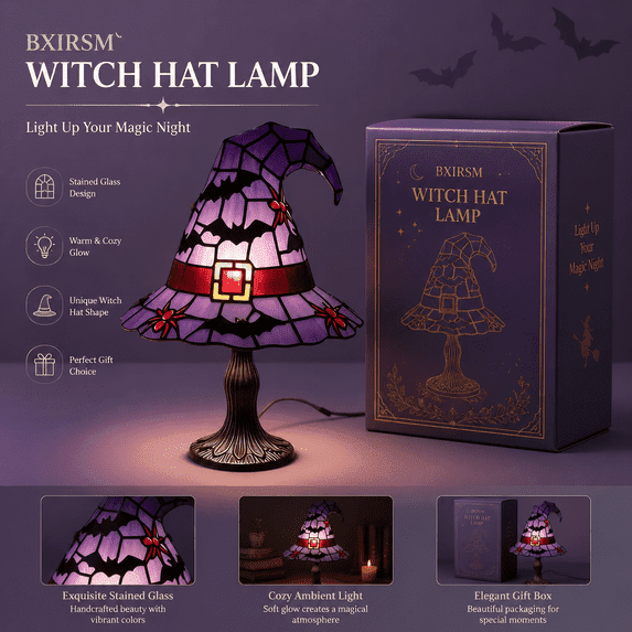 Witch Hat Lamp with Stained Glass Effect, Halloween Decor Indoor LED Night Light, Gothic Wizard Hat Table Lamp for Shelf Mantel, Witchcore Room Decor & Fantasy Gift