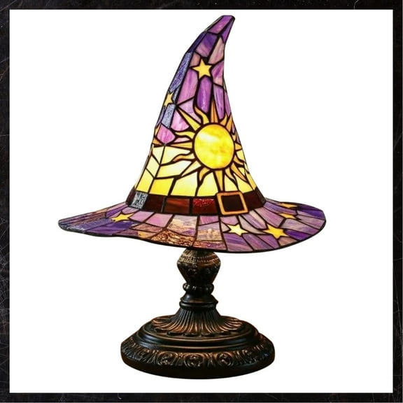 Witch Hat Lamp Stained Glass Handmade Glowing, 2025 New Gothic Retro Lamp - 12 Inches of Height, Halloween Decorations, LED Creative Table Lamp Night Light for Indoor Party, Halloween Decor
