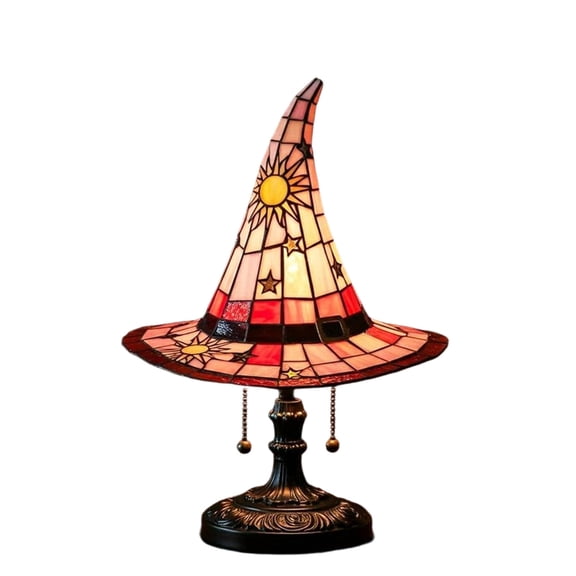 Witch Hat Lamp - Stained Glass Handmade Gothic LED Table Lamp, Night Light for Indoor Party, Purple Glowing Decor