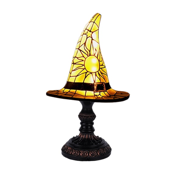 Witch Hat Lamp Stained Glass Resin, Handmade Gothic Witch Hat Lamp, Small Wizard Hats Shape Spooky Fun Light for Indoor Party Haunted Wiccan Halloween Decor (Pink)