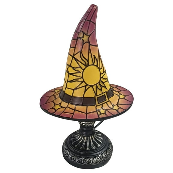 Witch Hat Lamp Stained Glass Resin, Handmade Gothic Witch Hat Lamp, Small Wizard Hats Shape Spooky Fun Light for Indoor Party Haunted Wiccan Halloween Decor (Purple)