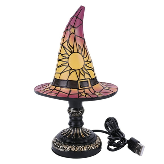 Witch Hat Lamp Stained Glass Resin, Handmade Gothic Witch Hat Lamp, Small Wizard Hats Shape Spooky Fun Light for Indoor Party Haunted Wiccan Halloween Decor (Purple)