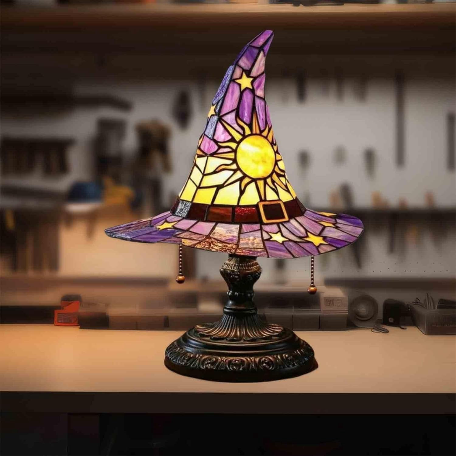Handcrafted Witch Hat Lamp – Stained Glass Resin Gothic Wizard Light With USB Power & Glow Figurine (Purple, 11.8 Inch)