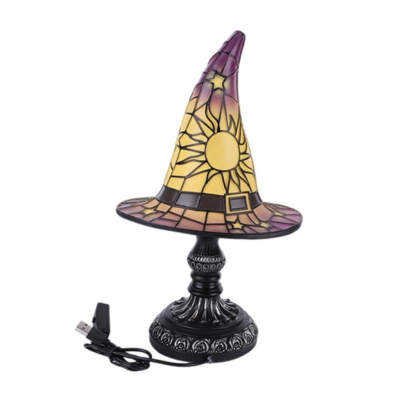 Witch Hat Lamp, Stained Glass Resin Wizard Hat Light Gothic Table Lamp Spooky Decorative Standing Lights Haunted Wiccan Gifts Mystical Decor Home Decorations for Halloween
