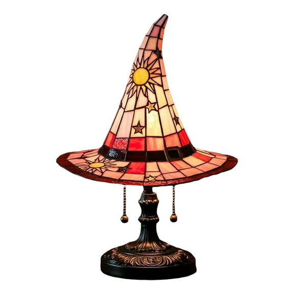 Witch Hat Lamp Stained Glass Style, Gothic Resin Table Light for Halloween Decor Bedside Night Light