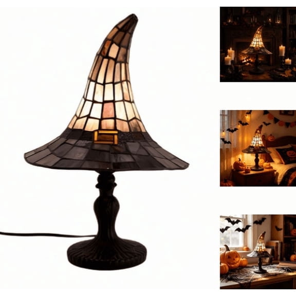 Witch Hat Lamp, Stained Glass Style USB Powered Table Lamp with Resin Base, Gothic Witch Hat Night Light for Bedroom, Reading Nook, Mantel and Decorative Ambient Lighting (Purple,Large)