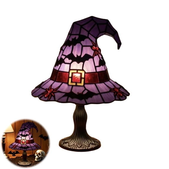 Witch Hat Lamp Stained Resin Gothic Wizard Hat LED Night Light Spooky Small Table Lamp for Indoor Bedroom Halloween Decor