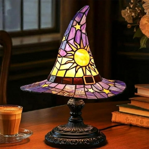 Witch Hat Lamps - Handcrafted Stained Glass Gothic Wizard Hat Lights for Decor, Mystical Bedroom Ambiance & Wiccan Gifts，Light with Glow-in-The-Dark Figurine for Bedroom (Purple*)