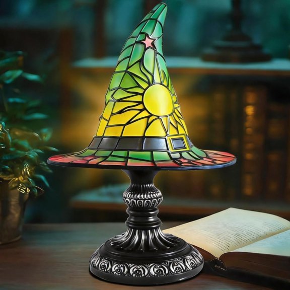 Witch Hat Lamps - Handcrafted Stained Gothic Wizard Hat Lights for Decor, Mystical Bedroom Ambiance & Wiccan Gifts，Light with Glow-in-The-Dark Figurine for Bedroom