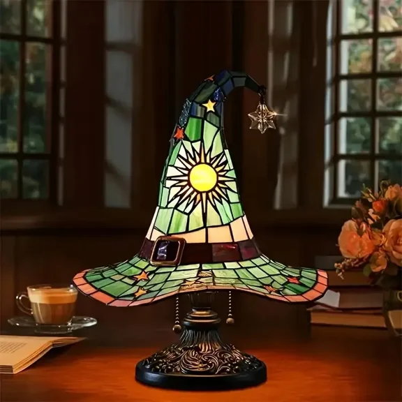 ,.,Witch Hat Lamps, USB Stained Resin Glowing Gothic Retro Resin Lamp For Bedroom Party With Mystical Charm, Creative Wizard Hat Shape Lights For Indoor Party Haunted Mansion Halloween Decoration;'/[