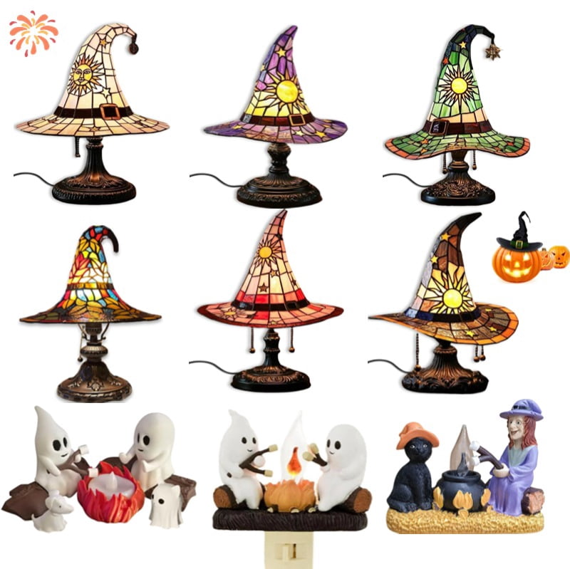 Handcrafted Witch Hat Stained Glass Lamp – Gothic Wizard Night Light, USB Rechargeable, Colorful Resin, Perfect Halloween Gift For Fantasy Lovers