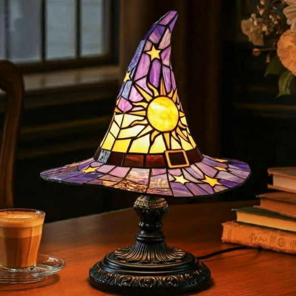 Witch Hat Lamps, Witch Hat Lamp Stained Resin, Handmade Gothic Wizard Shape Lights with Mystical Charm for Wiccans and Halloween Lovers (Purple,A, 11.81")
