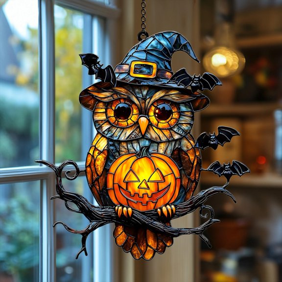 Witch Hat Owl Acrylic Suncatcher Faux Stained Glass Halloween Window Hanging With Jack O'Lantern Pumpkin, Bats And Spooky Autumn Decor
