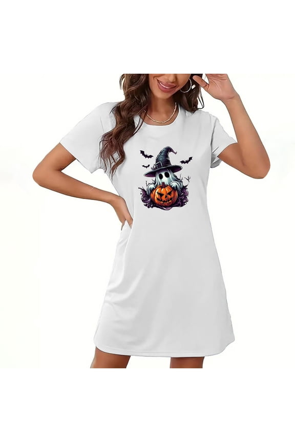 Witch Hat Pumpkin T Shirt Dress for Women Halloween Graphic Short Sleeve Casual Tunic Dress Fall Costume Outfit