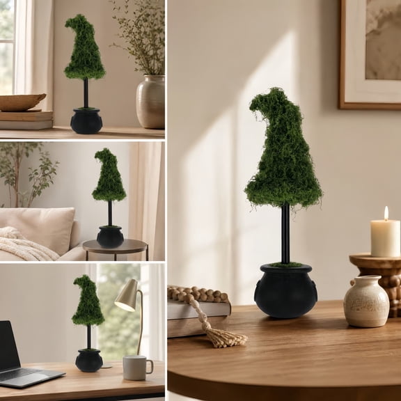 Witch Hat Shaped Artificial Moss Topiary, Halloween Tabletop Potted Decor