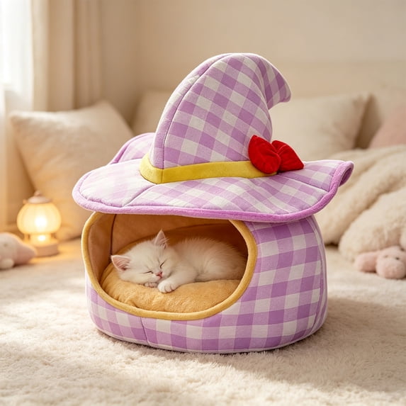 Witch Hat Shaped Pet Bed, Enclosed Warm Cat & Small Dog Sleeping Hut with Removable Cover