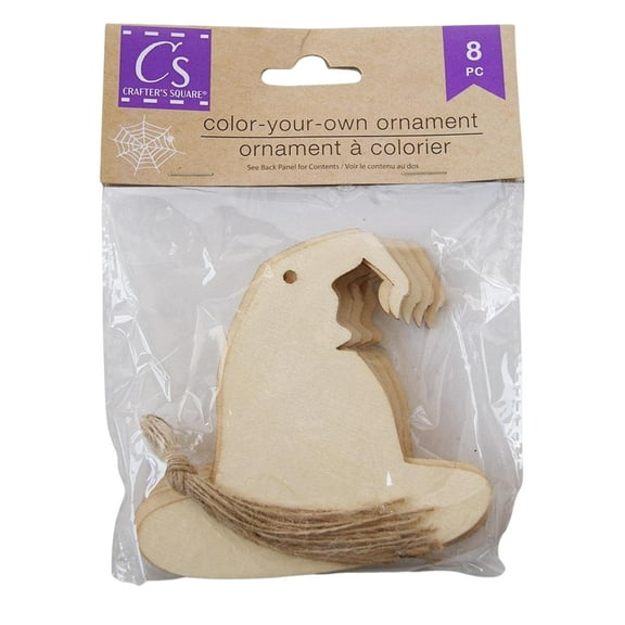Witch Hat Shaped Wooden Halloween Ornaments Cutouts 8 Pieces with Twine Hanger DIY Blank Unfinished Wood for Party Favors Gift Tags Craft Autumn Fall Holiday Christmas Home Hanging Decoration Supplies